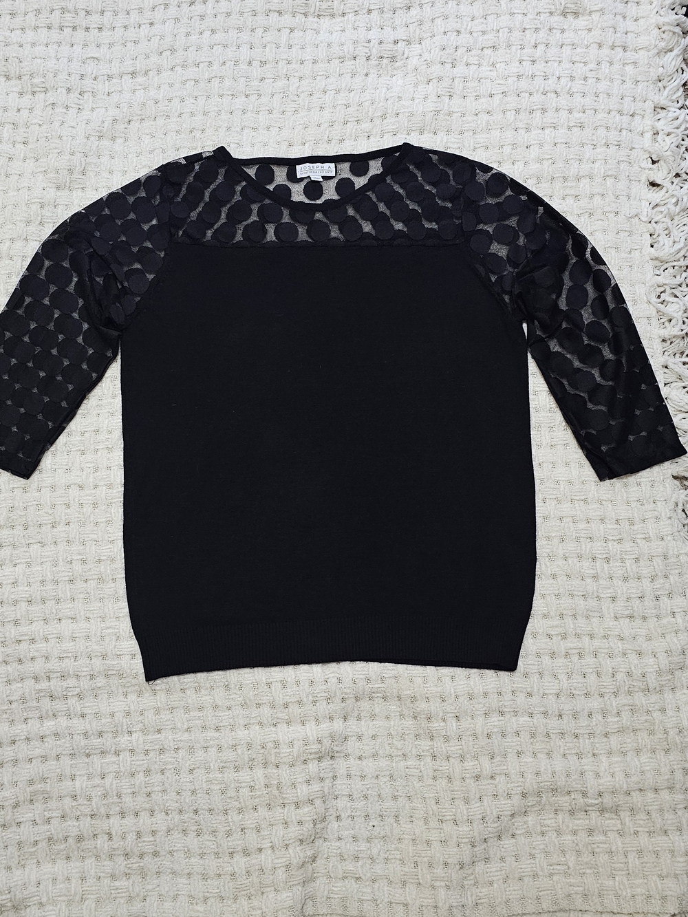 Joseph A Black Polka Dot Sheer Sleeve Knit Top Sz L Very Lightweight